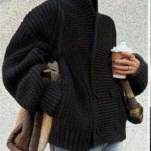 Ribbed Lapel Button Knit Outerwear, black, M size, New with tag.